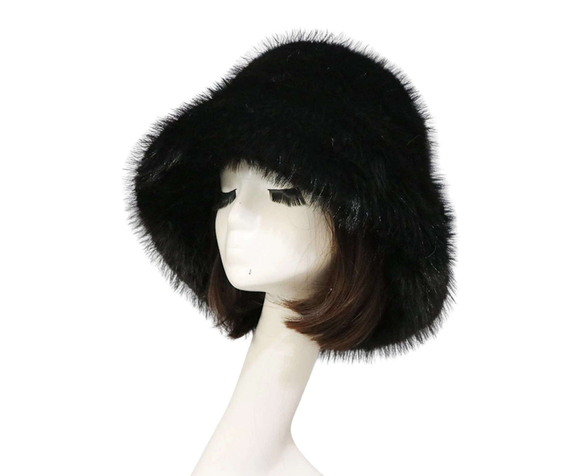 Bestjia Bucket Hat Oversized Fluffy Wide Brim Soft Thickened Ear Protection Faux Fur Winter Thermal Women Fisherman Cap for Daily Life - Black