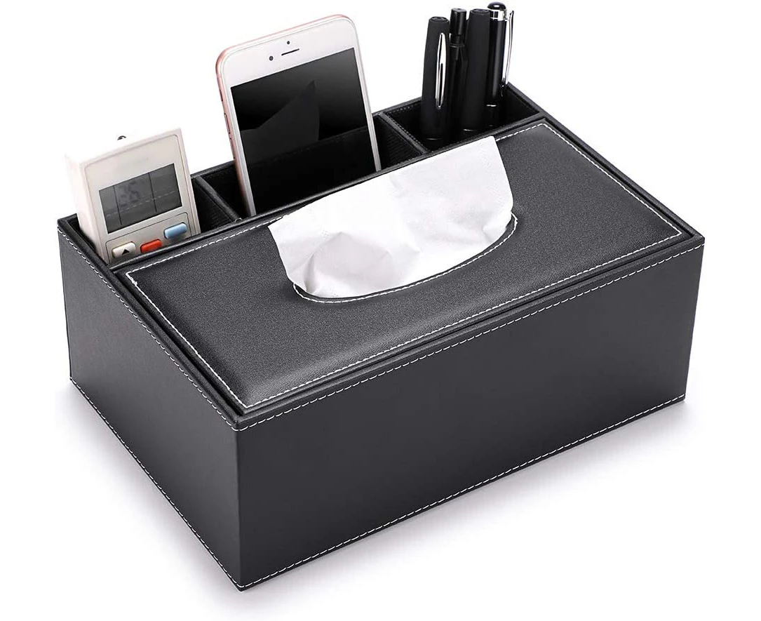 Black Rectangular PU Leather Tissue Box Cover - Multifunctional with Stationery Remote Control Box, Tissue Pen Organizer for Home/Office/Car/Restaurant