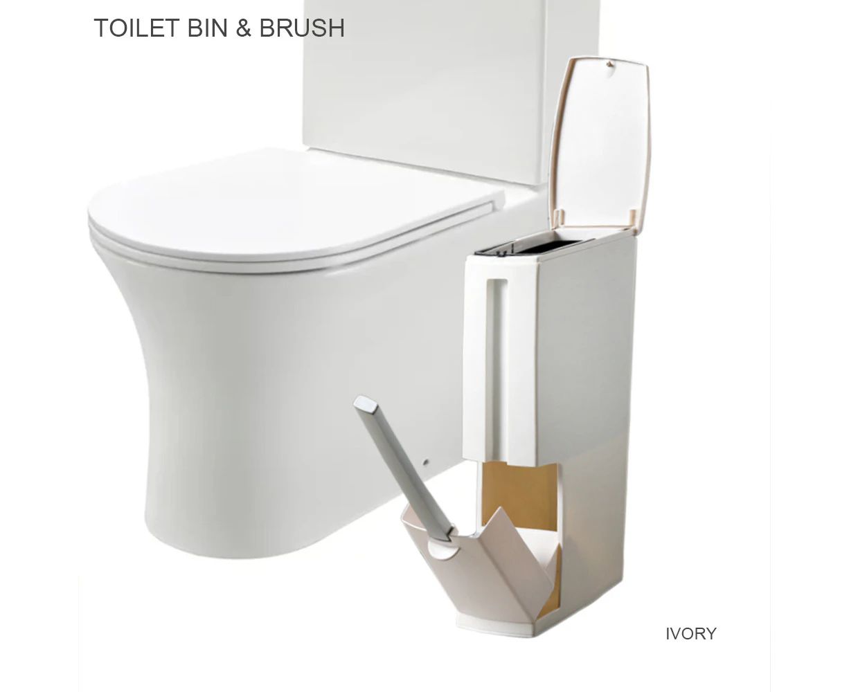 riin Small Slim Toilet Bin and Brush Bathroom Dustbin Trash Can Rubbish Disposal with Brush and Waste Bucket Plastic Ivory Size S