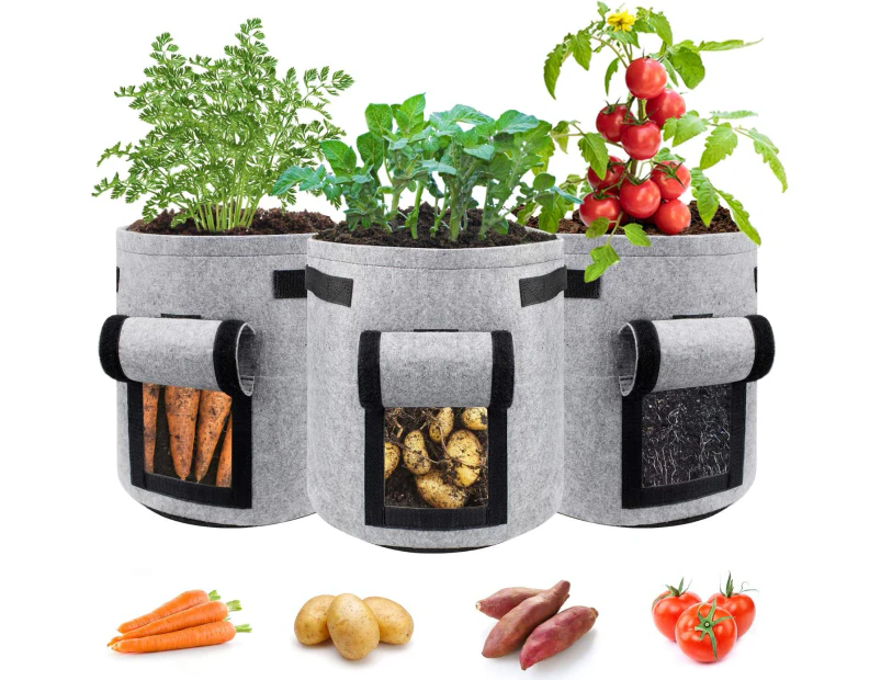 Potato Grow Bags 3 Pack Thickened Cloth Pots Garden Vegetable Grow Bags with Handles and Velcro Window Gray