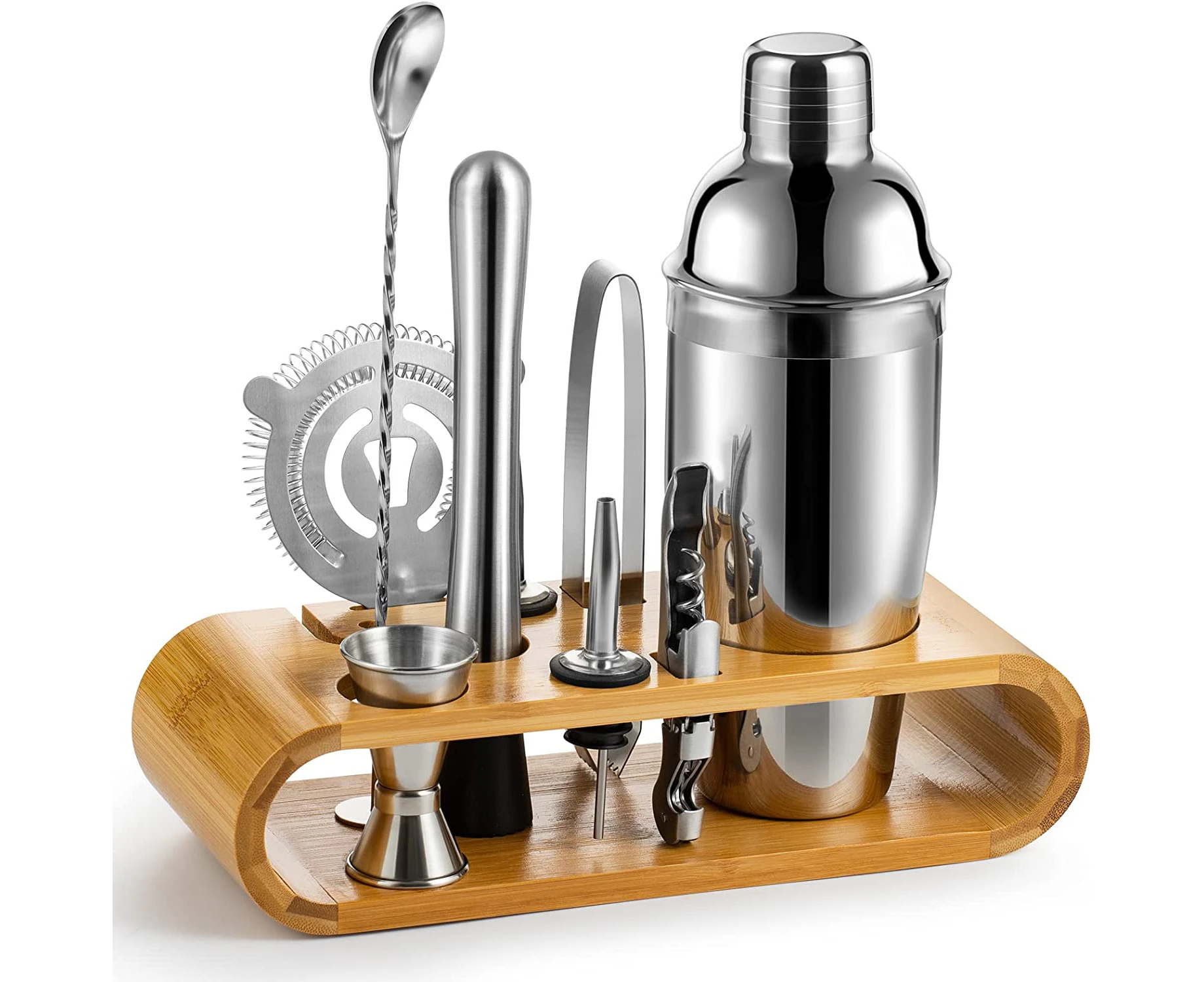 Cocktail Shaker Set Bartender Kit with Bamboo frame and 10 Pieces Stainless Steel Bar Tool Set