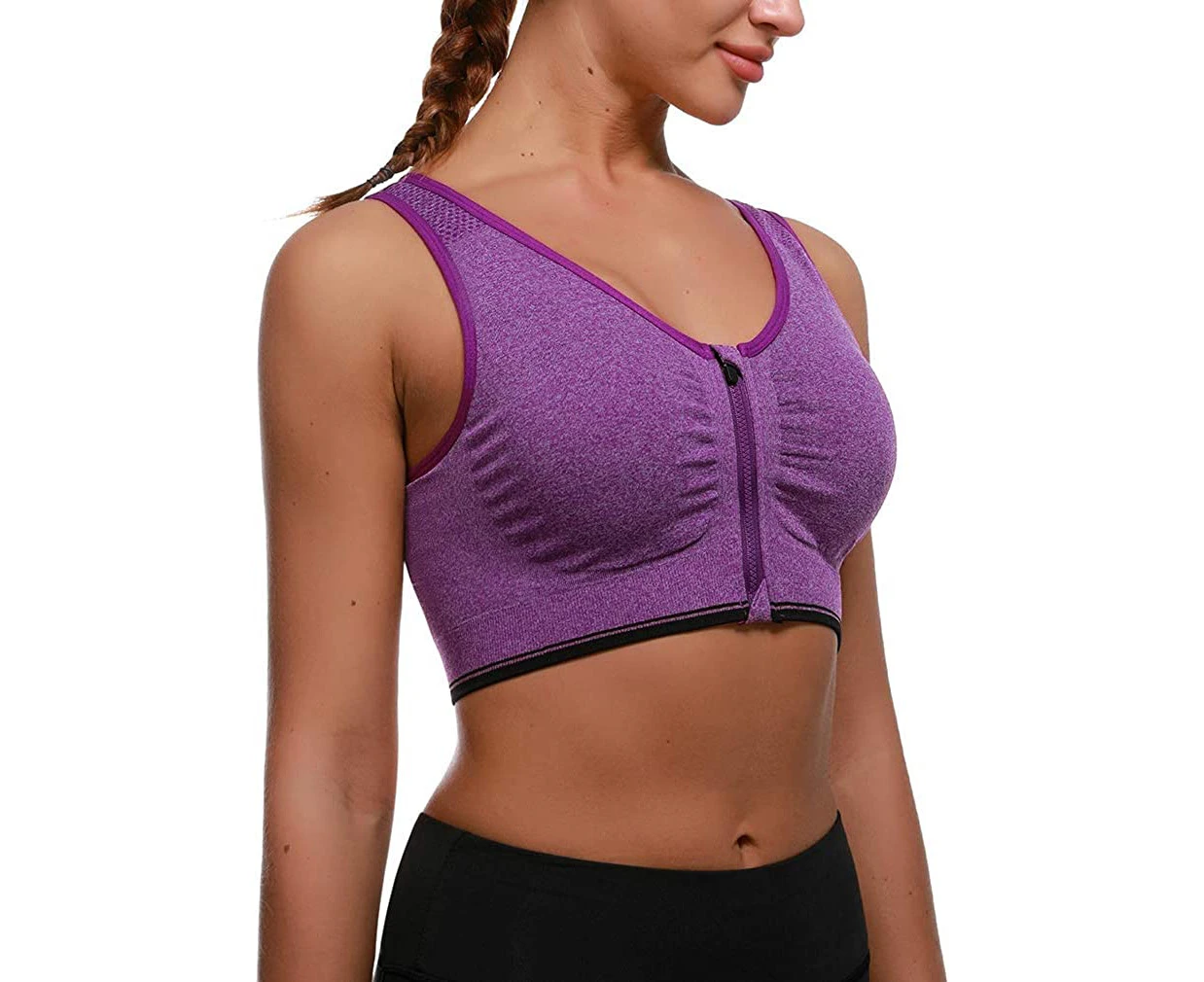 Women's Zip Front Sports Bra,Wireless Post-Surgery Bra Active Yoga Sports Bras,Purple,green,Grey,Blue,Stain resistant,(purple,small)