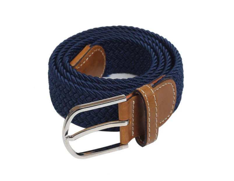 Fashion Men Women Elastic Braided Alloy Pin Buckle Waist Belt Strap Waistband Navy Blue