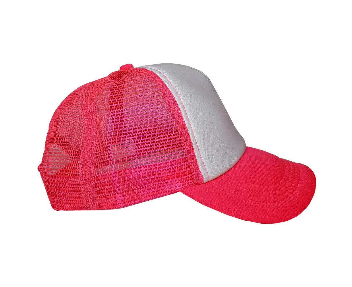 Plain Trucker Hat Cap - Unisex Adjustable Foam Mesh Baseball - DS1035 - White-Fuchsia