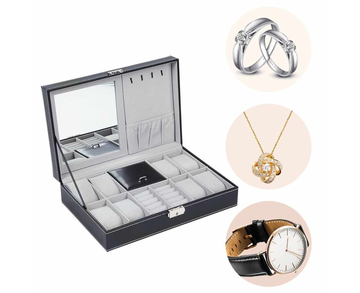 Leather Watch Display Case Glass Top Jewelry Collection Storage Box ...