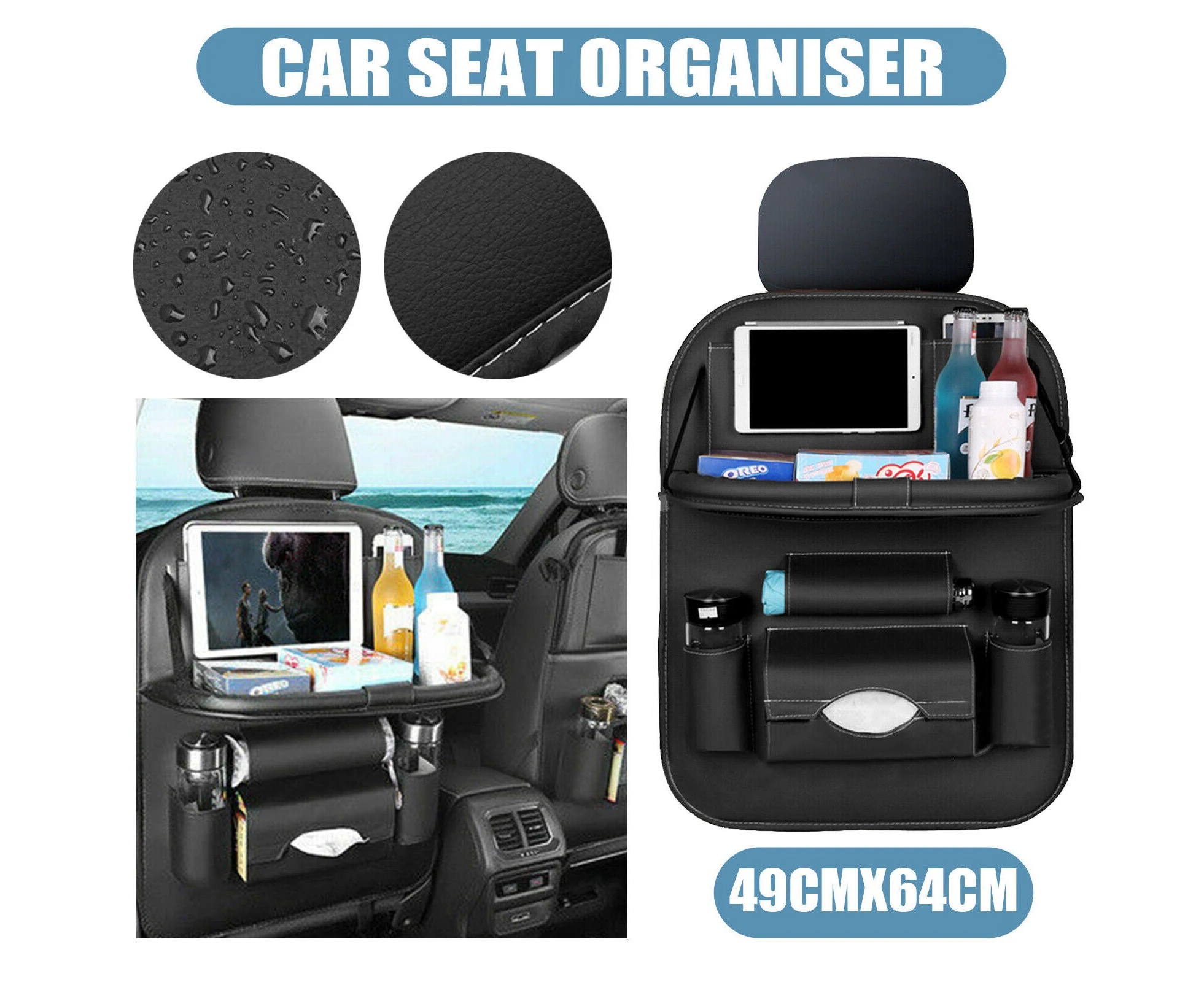 Foldable Car Back Seat Organiser Leather Storage Bag Table Tray iPad Cup Holder