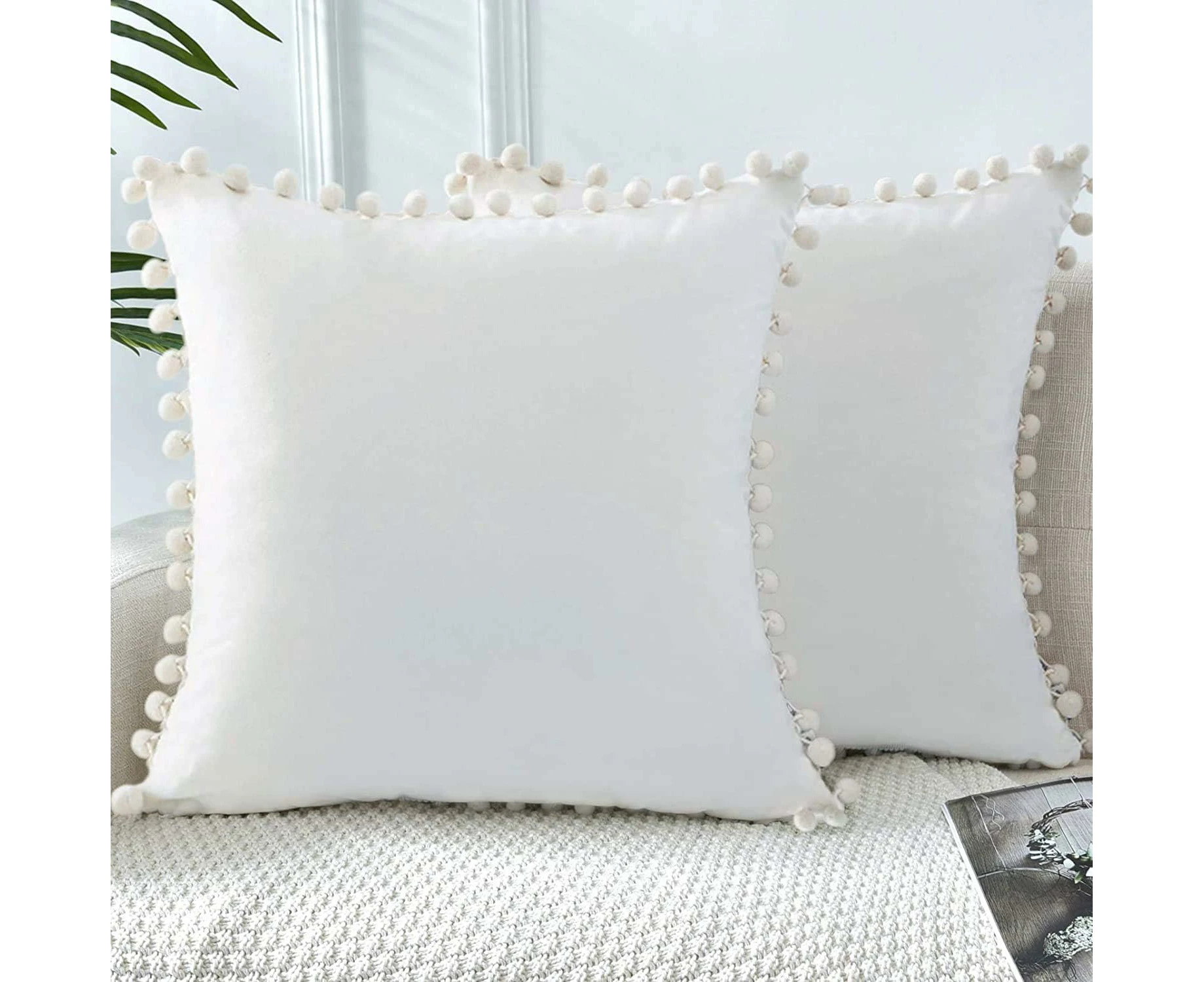 Set Velvet Cushions With Pom Poms, Solid Color Cushion Covers With Hidden Zipper Decorative Cushion Cover Pillow Seat Cushion Decorative Cushion Couch Cush