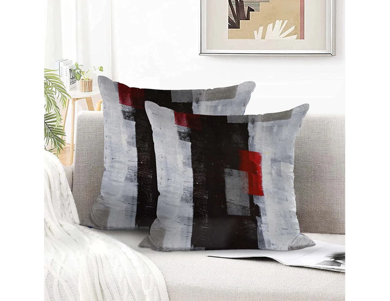 Set of 2 Red Pillows 18x18 Modern Abstract Art Decorative Pillows Black White