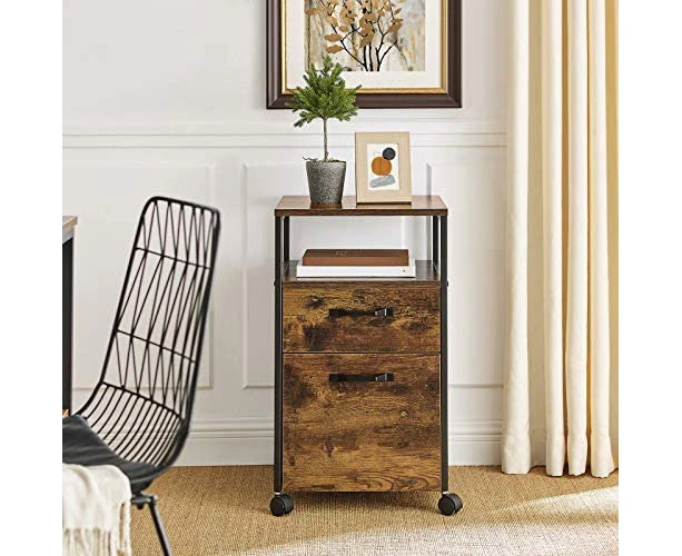 File Cabinet with 2 Drawers, Wheels and Open Compartment Rustic Brown and Black