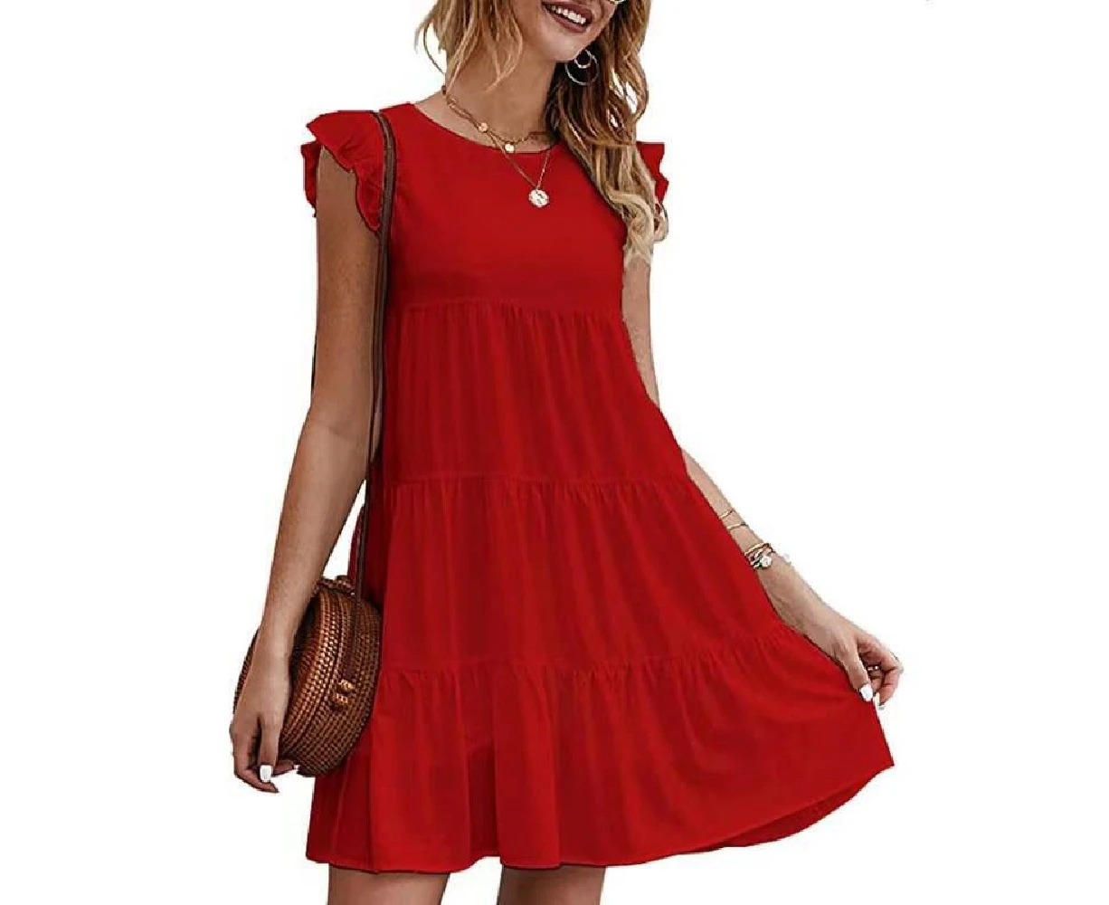 WeMeir Women's Sleeveless Summer Dress Ruffle Sleeve Mini Dress Solid Loose Fit Short Flowy Pleated Dress-Red