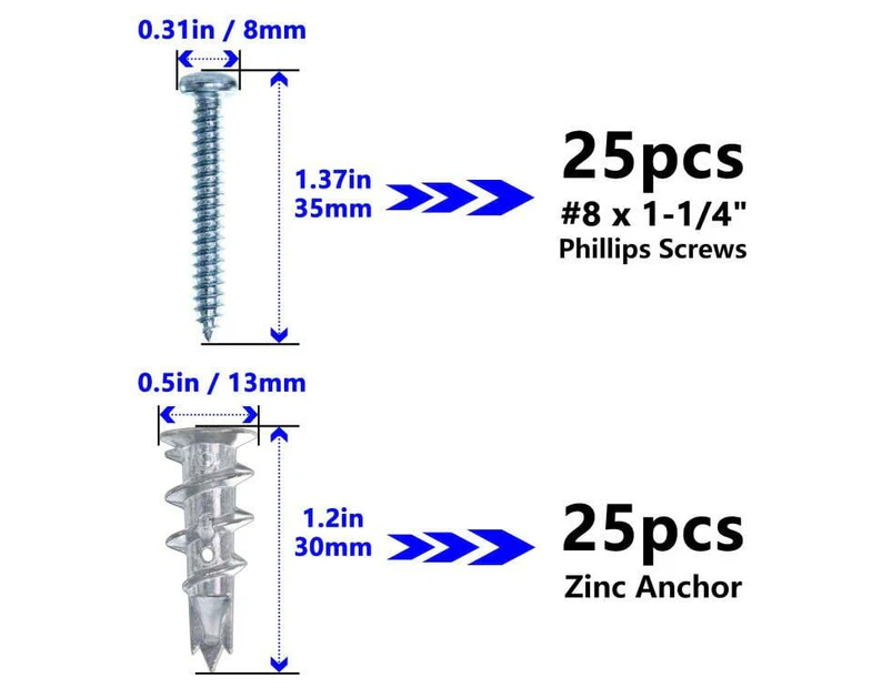 Zinc Self-Drilling Drywall Anchors With Screws Kit, 25 Heavy Duty Metal Wall Anchors And 25#8 X 1-1/4'' Screws - 50 Pieces All Together