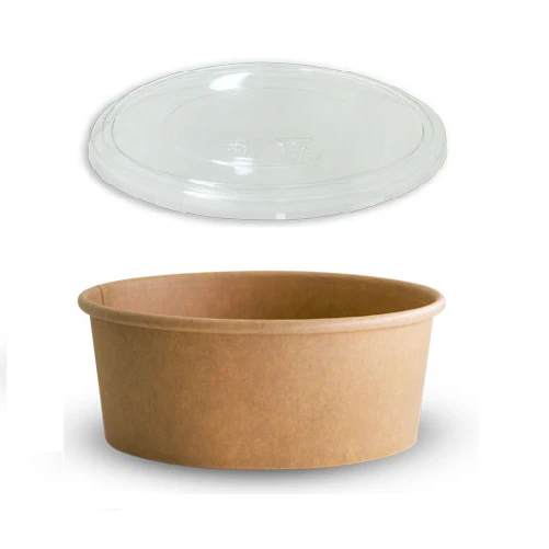 250 X Brown Kraft Paper Food Bowls And Lids 750Ml - Brown with Clear Lid