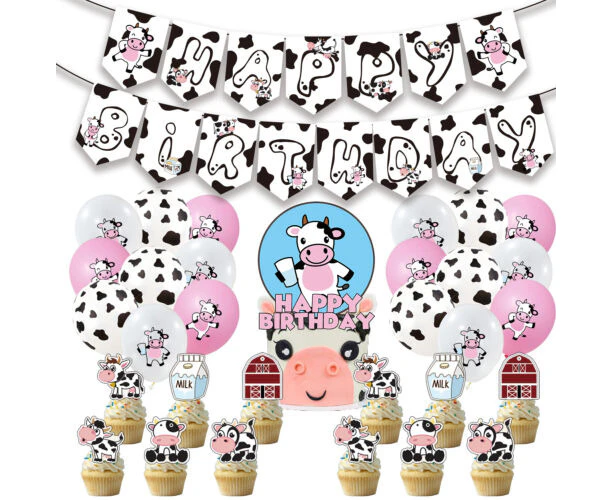 Party Set (Banner + Toppers + Balloons) Cow Print Animal Farm Party Supplies Banner Toppers Balloons Birthday Decoration