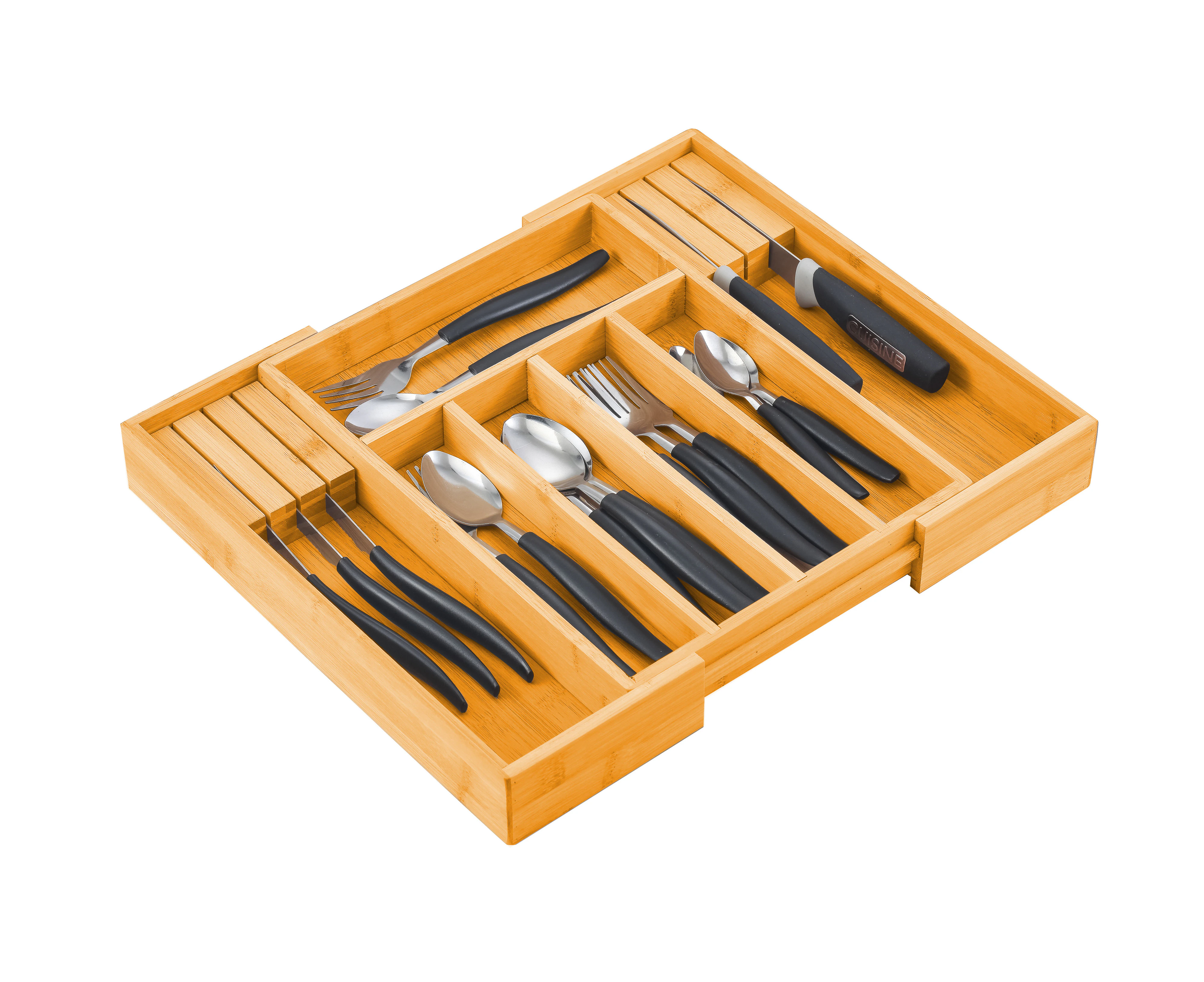 Large Capacity Bamboo Expandable Drawer Organizer with Knife Block Holder for Home Kitchen Utensils