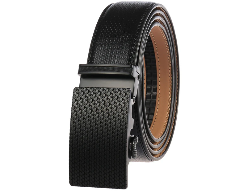 Leather Ratchet Slide Belt with Click Buckle - Adjustable Trim to Fit,black+black