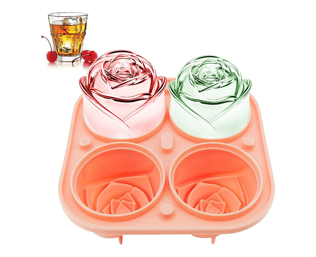 3D Rose Ice Molds, Large Ice Cube Trays, Make 4 Giant Cute Flower Shape Ice, Silicone Rubber Fun Big Ice Ball Maker For Cocktails Juice Whiskey-Pink