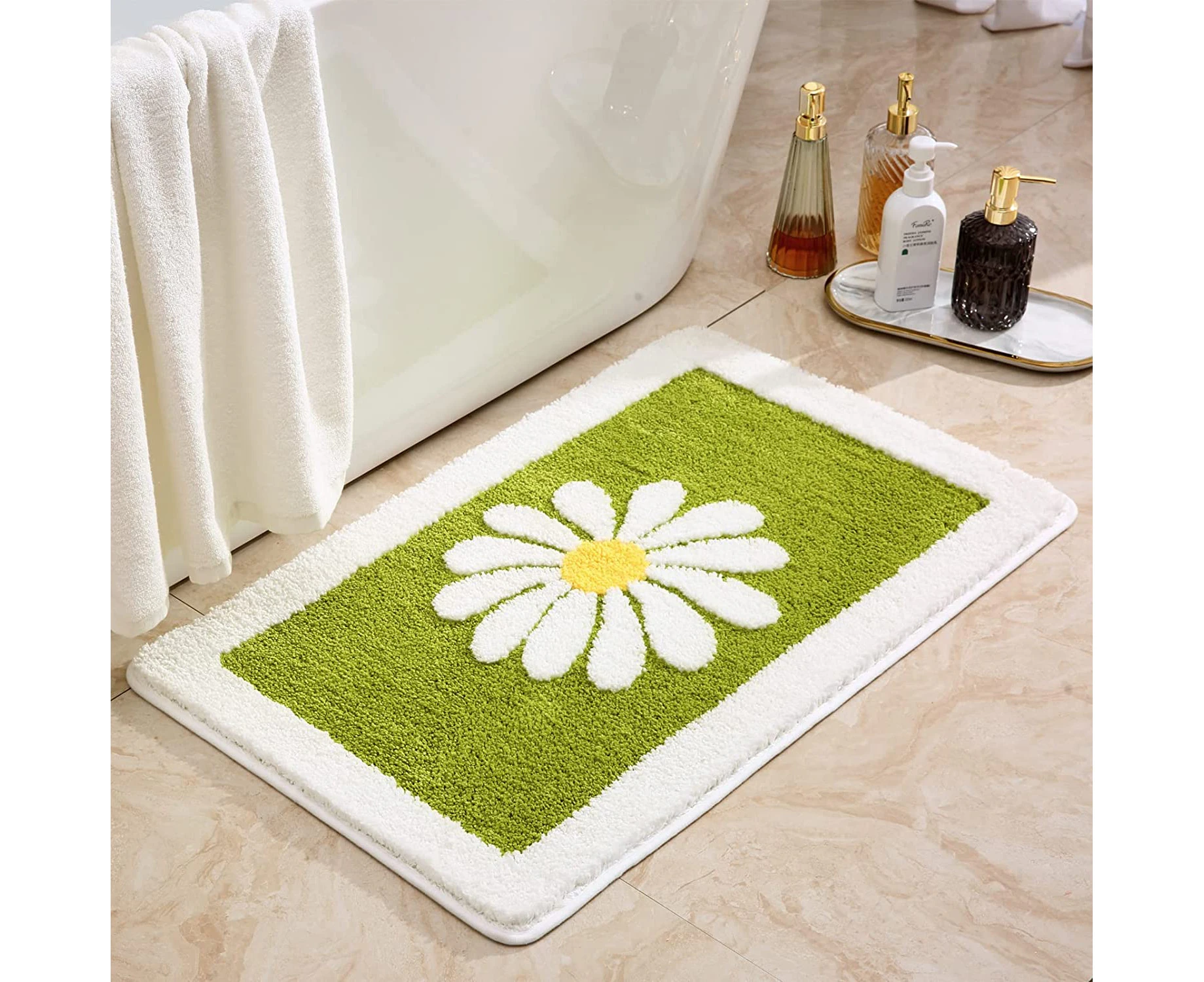 40CM×60CM Green Bathroom Mat, White Flower Super Fine Fiber Fluffy Carpet Anti-Slip Machine Washable Plush Carpet, Bathroom Rug for Bathroom Shower Room