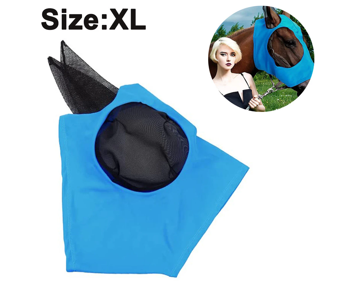 Horse Fly Lycra Mask, with ear protection, mesh Avoids UV rays, for Horse / Cob / Pony Equestrian Mesh eyes-Blue