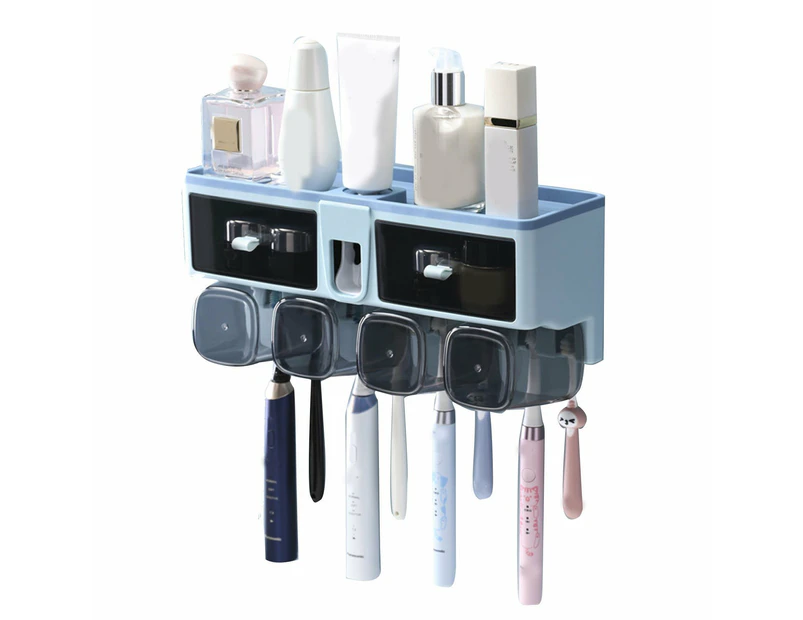 Toothbrush Shelf Punch Free Wall Mounted Mouthwash Cup Holder Toilet Storage Rack Blue 4 Cups