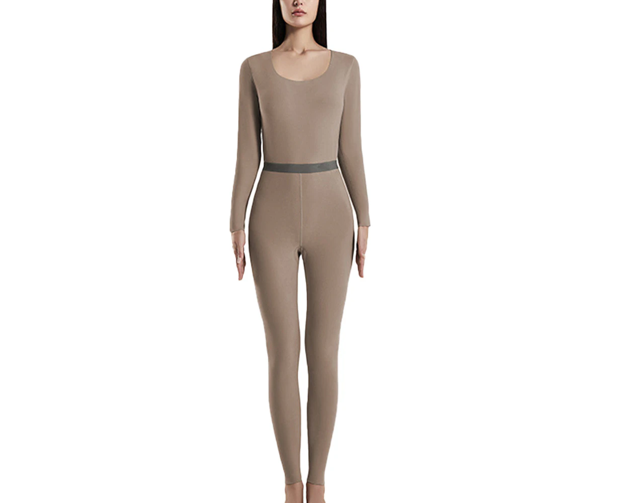 Thermal Underwear For Women Fleece Lined Base Layer Pajama Set Cold Weather - Mocha Color,Mocha Color-L