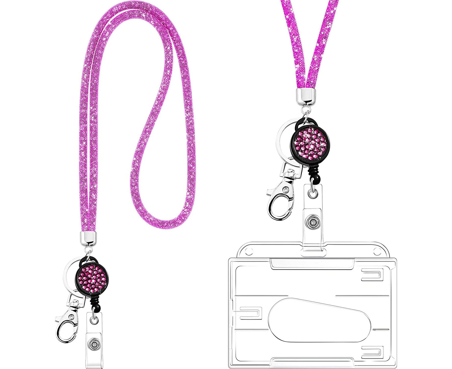 Crystal Lanyard Necklace with Clear ID Holder and Key Ring, Shiny Rhinestone Crystal Lanyard with Clear ID Holder and Neck Strap