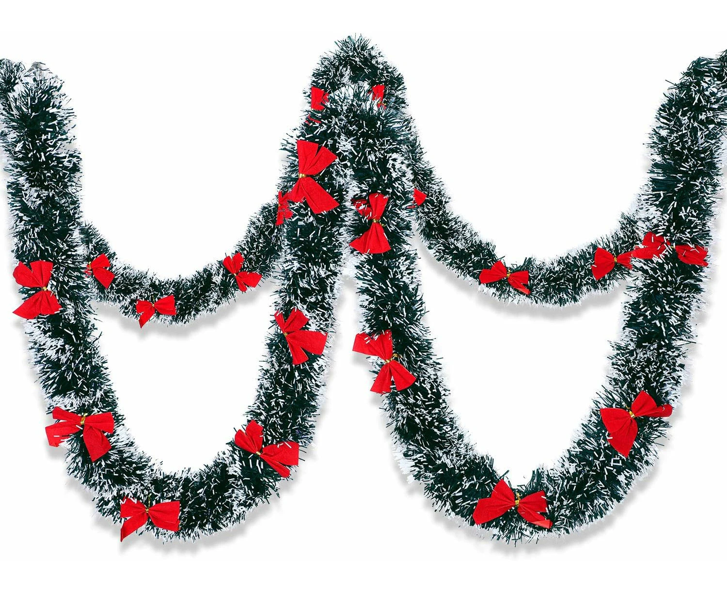 4 Pieces Christmas Tinsel Garland Dark Green Snowy White Garlands With 24 Pieces Red Bows For Christmas Tree Indoor And Outdoor Decorations Supplies