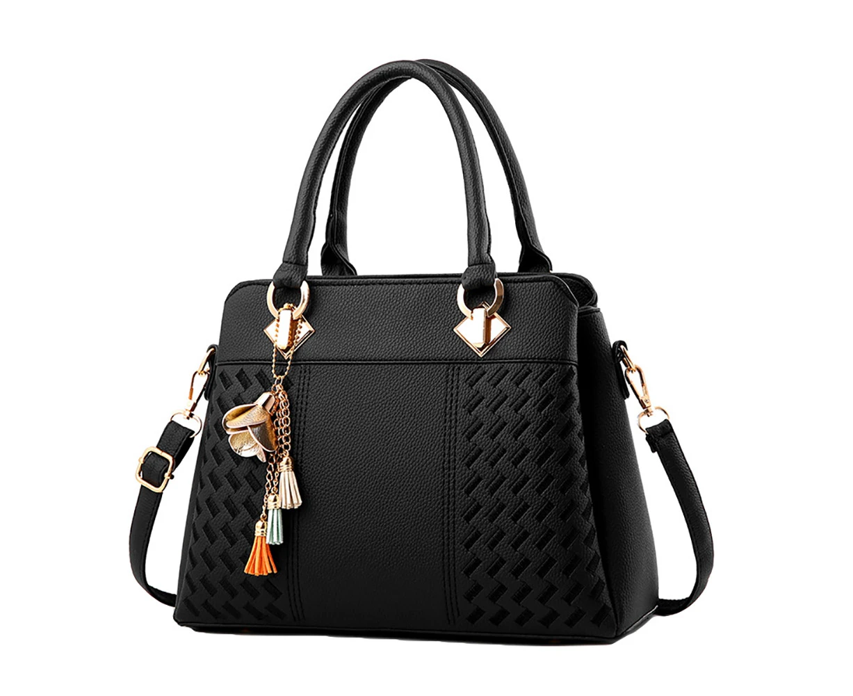 Flower Tassel Pendant Solid Color Faux Leather Lady Tote Handbag Shoulder Bag-Black