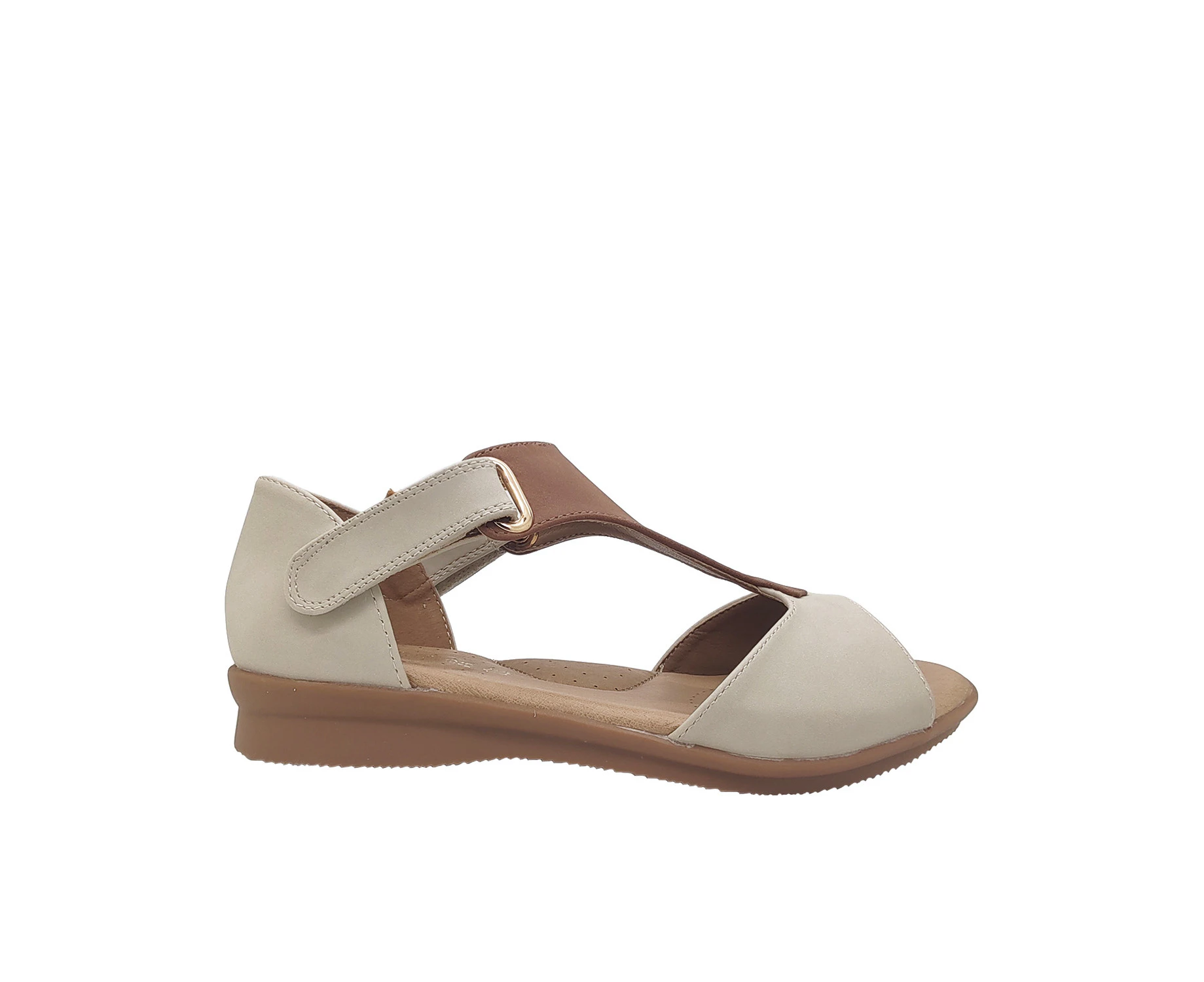 Step On Air Juniper Ladies Sandals Wedge Sole T Strap Heel In Dual Tab Adjusts - Beige