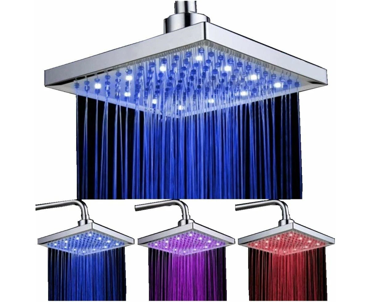 Led Shower Head Square 20Cm Temperature Control 3 Color Changing Water Flow Powered Top Spray Shower Head Abs Chrome Finish 12 Leds For Bathroom