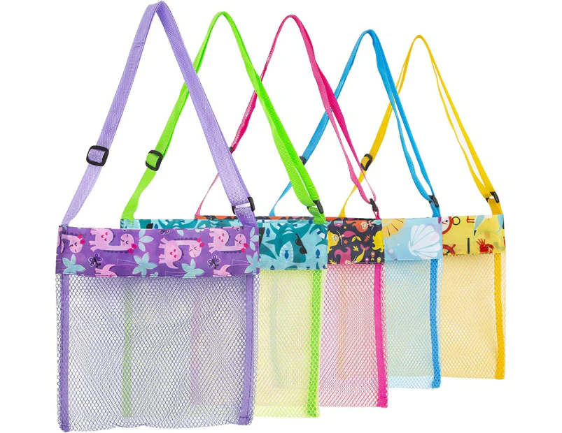 Beach Toys Shell Bags Kids Beach Bag 5Pcs Colorful Mesh Beach Bags Kids Seashell Mesh Bag (Set Of 5)