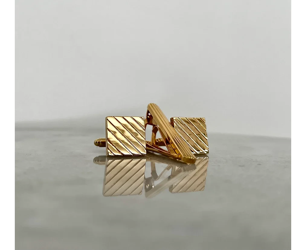 Golden Striped Cufflinks And Tie Clip | Luxury Cufflinks and Tie Clip