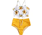 Women's Leaf Print Lace Up Ruched High Waisted Tankini Set Swimsuit - Yellow