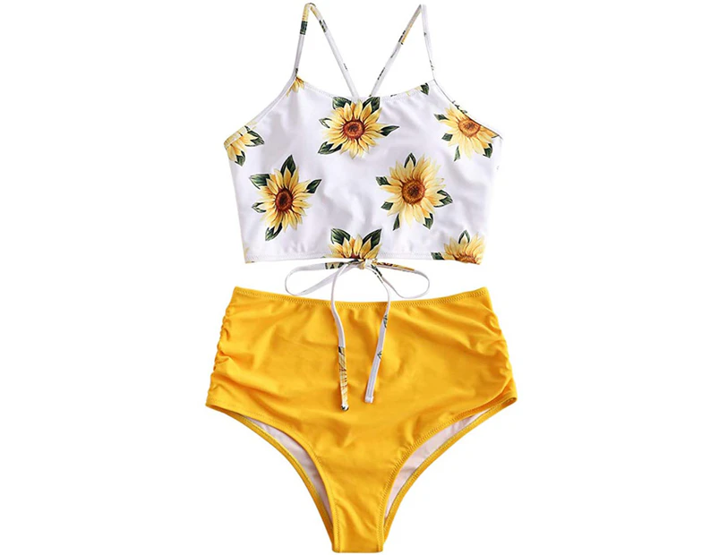 Women's Leaf Print Lace Up Ruched High Waisted Tankini Set Swimsuit - Yellow