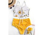 Women's Leaf Print Lace Up Ruched High Waisted Tankini Set Swimsuit - Yellow