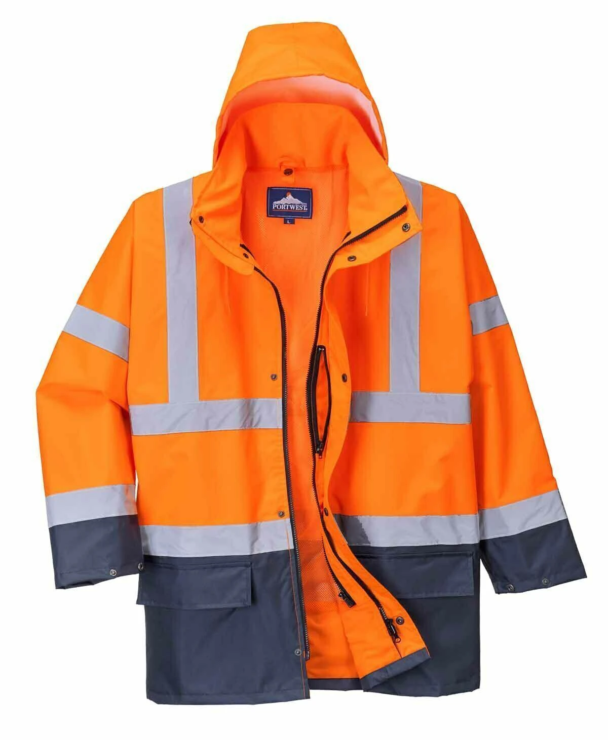 Portwest Hi-Vis Safety Workwear Waterproof Rain Jacket Coat 5-in-1 Two Tone - Orange/Navy