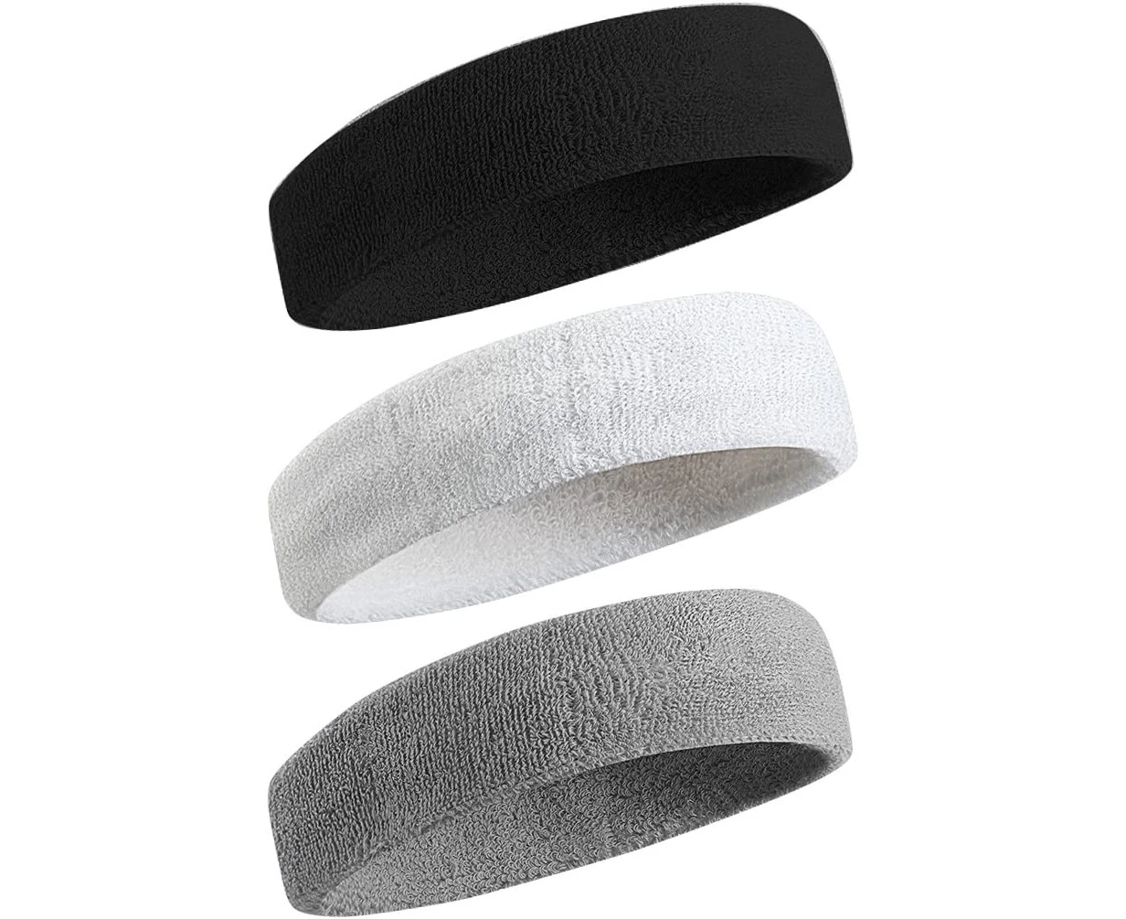 3Pack Sweatbands Sports Headband for Men & Women - Moisture Wicking Athletic Cotton Terry Cloth Sweatband for Tennis, Basketball - Black/White/Gray