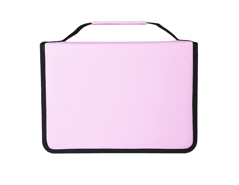 Large Capacity PU Leather Fabric Pencil Case Zipper Pen Bag Long Handle (Pink)