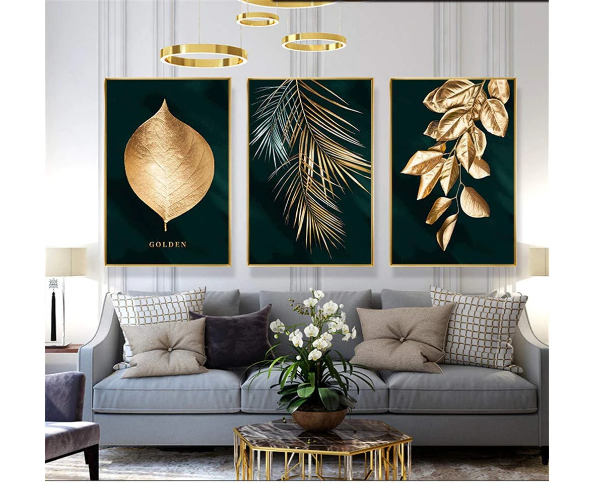 Set Of 3 Design Wall Posters With Forest Motifs, Gold Leaf, Palm, Unframed, Wall Decoration For The Living Room