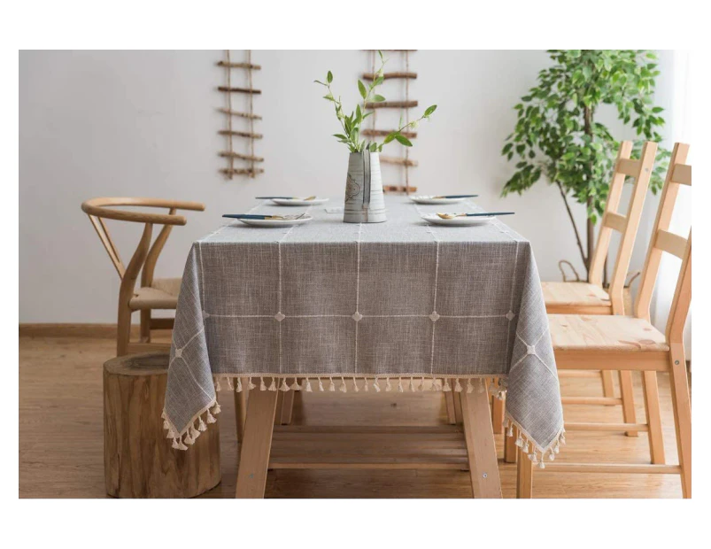 Modern-Tassel Tablecloth Checkered Cotton and Linen Tablecloth Coffee Table Tablecloth Square Washable Kitchen Table Cover for Dining Table-90x90cm