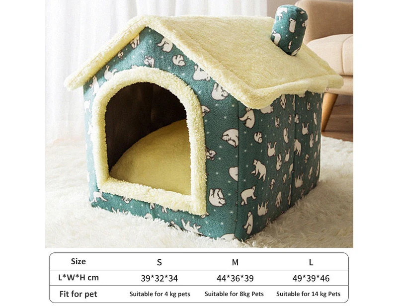 Dog House Kennel Soft Pet Bed Small Cat Tent Indoor Enclosed Warm Plush Sleeping Nest Basket with Removable Cushion Pet Supplies - Green
