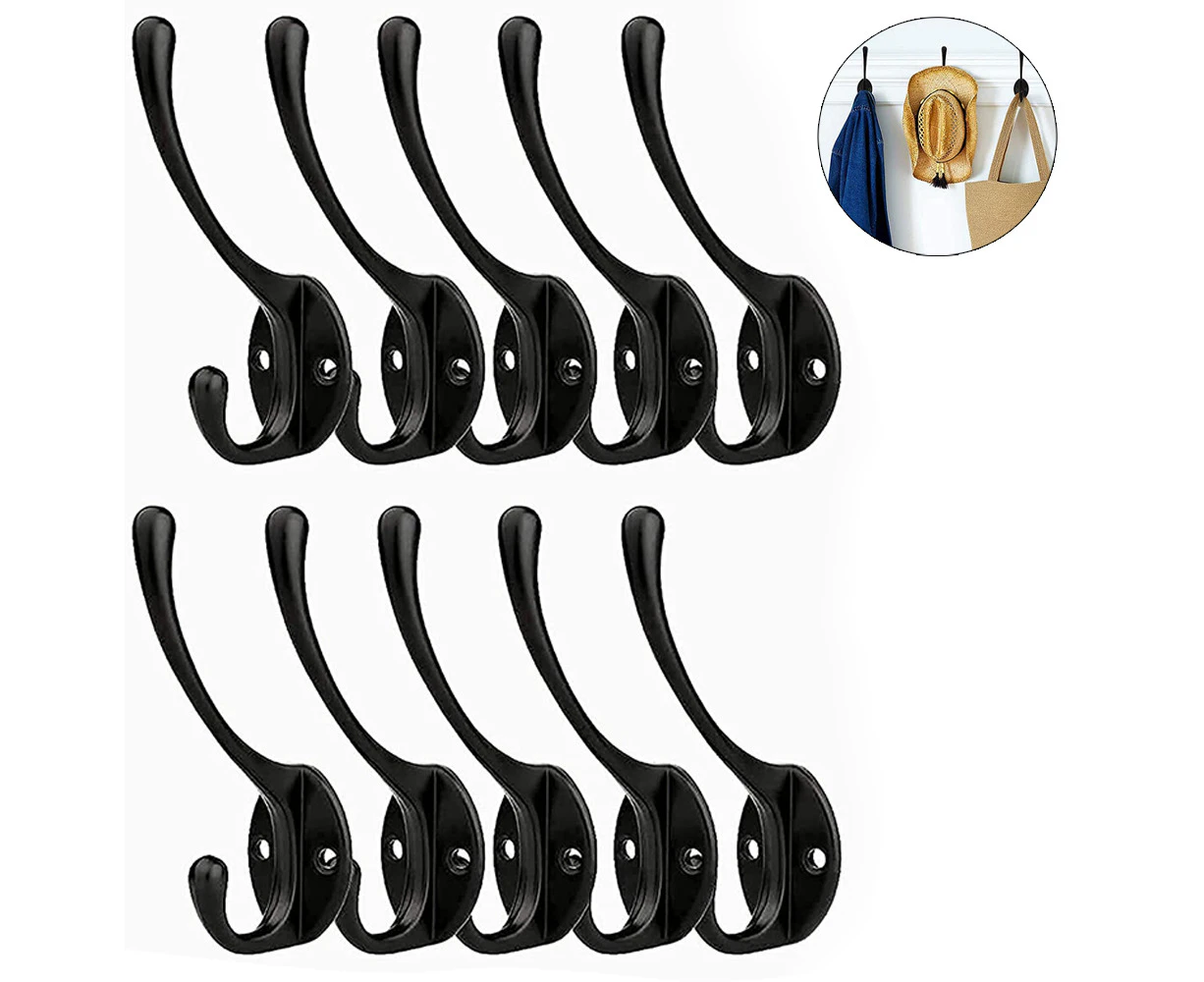 10 Pack Rustic Coat Hooks Wall Mounted Heavy Duty Dual Hooks Retro Double Robe Hooks Utility Hooks with Screws-Black