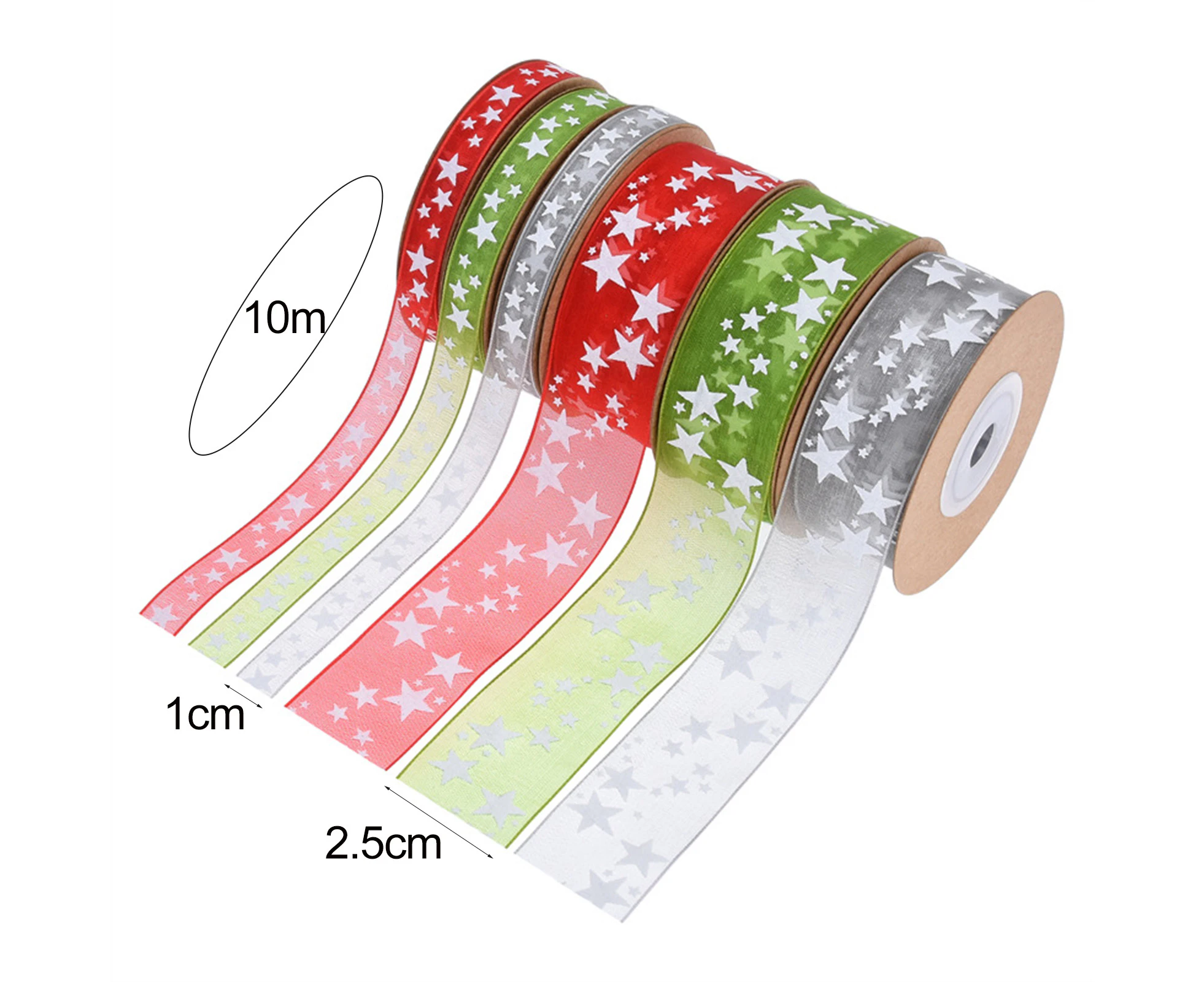 2.5cm Christmas Ribbon White Five-pointed Star Tulle DIY Tear-resistant Anti-fade Gift Packing Soft Large Bowknot Making Xmas Tree Ribbon for Festival-Red