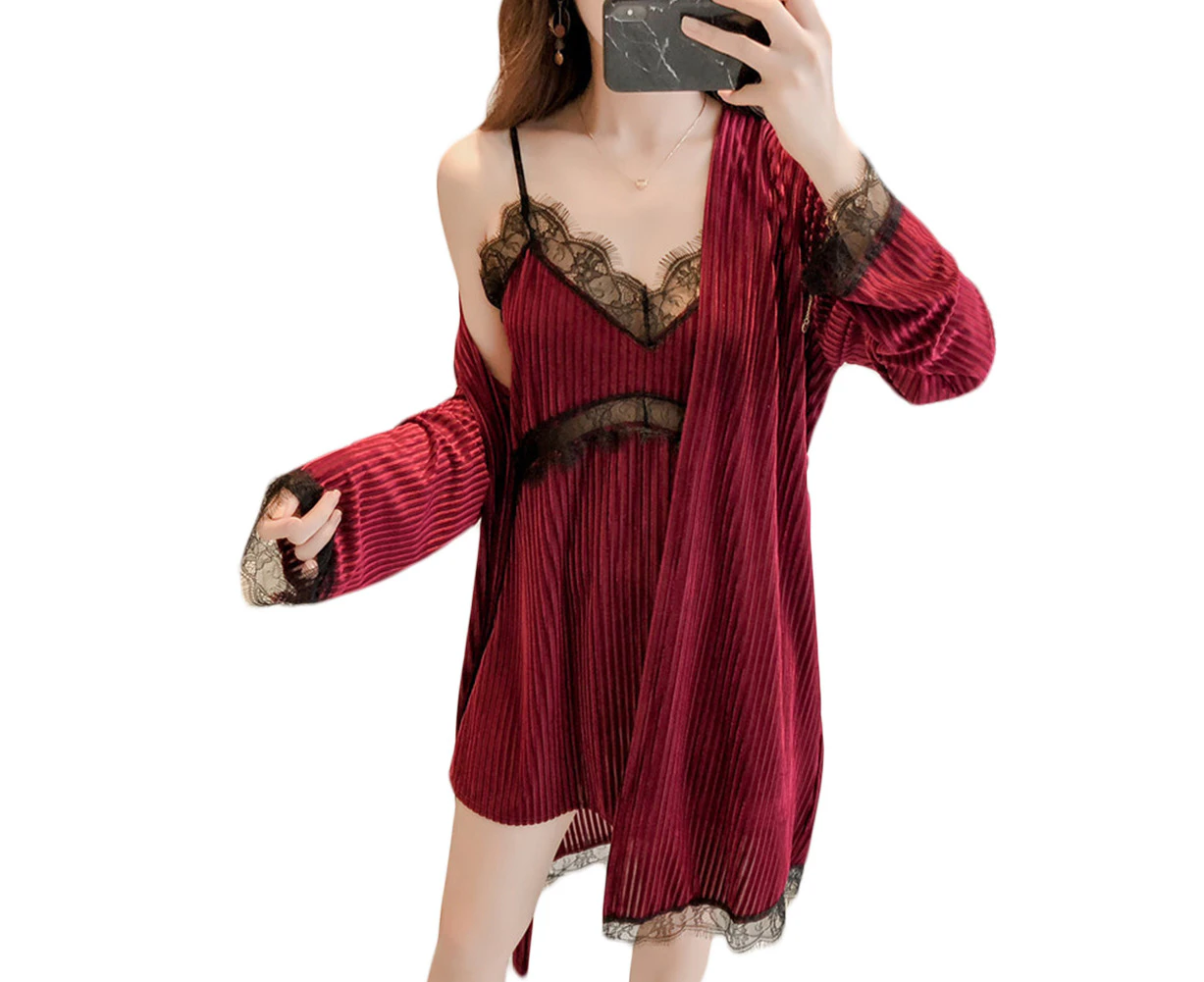 Bestjia 2Pcs Sexy Women Lace Patchwork Strappy Dress Long Sleeve Belt Robe Sleepwear Set - Wine Red