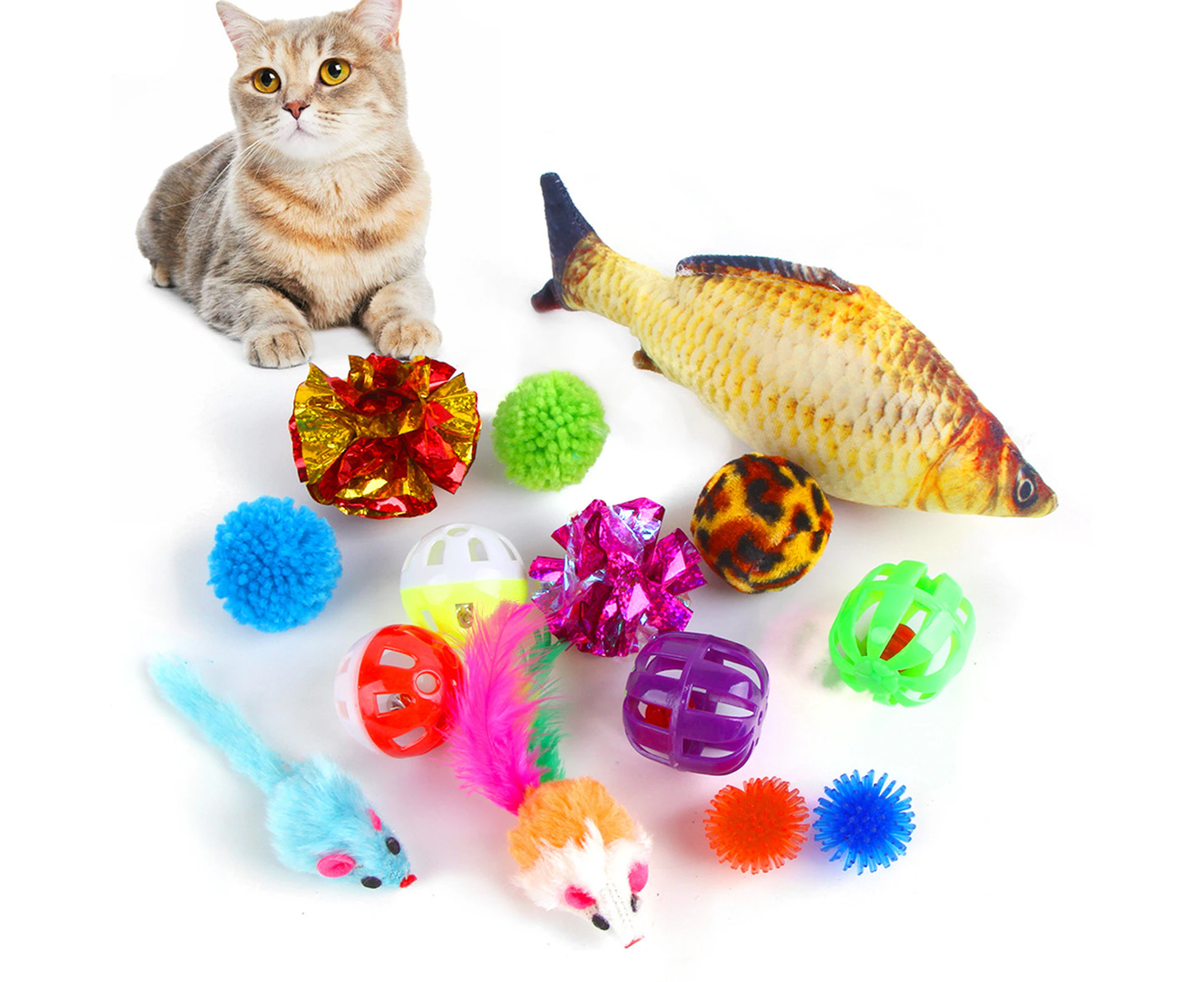 14Pcs Cat Toys Fish Mouse Balls Catnip Toy Interactive Toy Cat Teaser Feather Toys Pet Leisure Toys