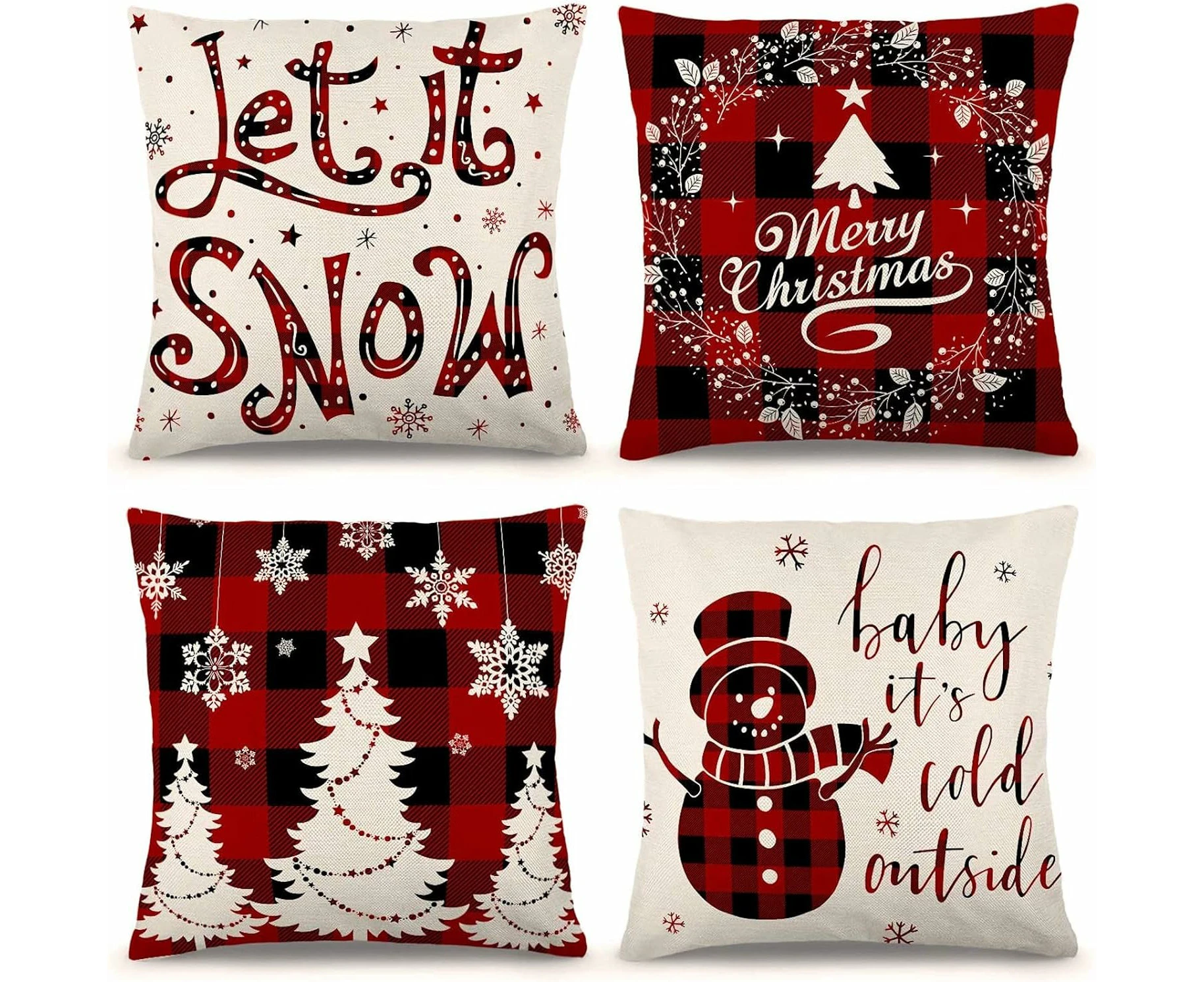 Christmas Pillow Covers 18×18 Inch Set of 4 Farmhouse Black and Red Buffalo Plaid Pillow Covers Holiday Rustic Linen Pillow Case