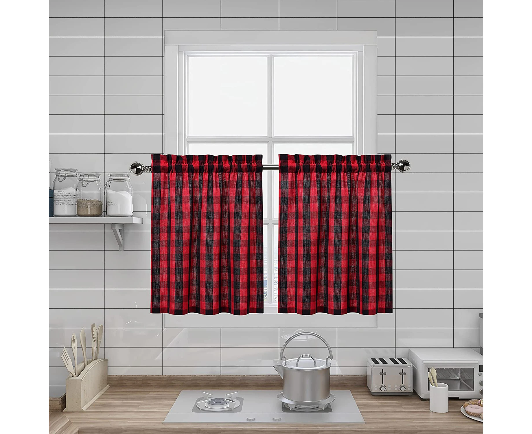 Fashion-Black Red Plaid Gingham Check Tier Curtains 24 "es Long Rod Pocket Farmhouse Thick Yarn Dyed Café Curtains Kitchen Bathroom Window 28"X24" Set of 2