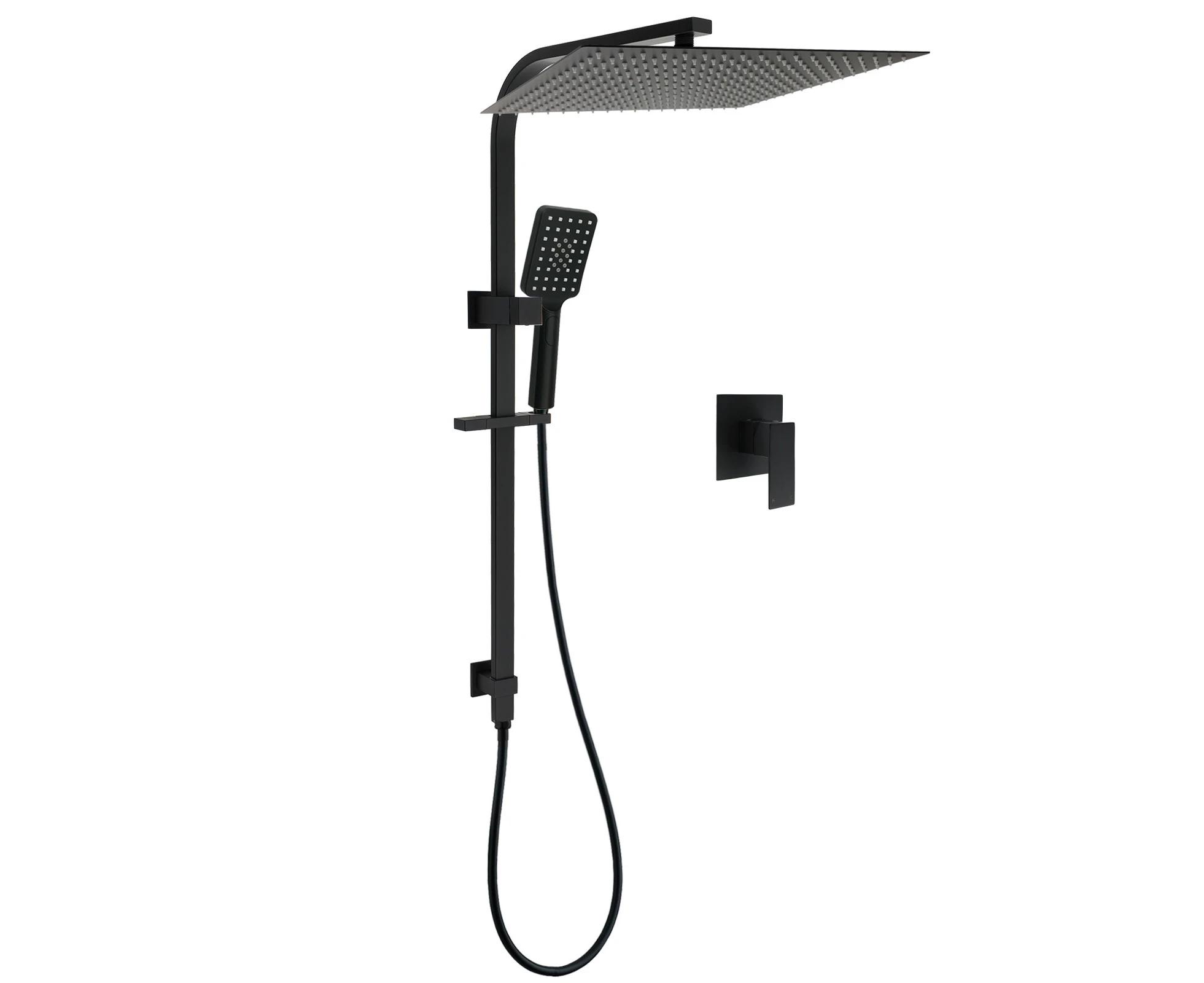 WELS Matt Black Dual Shower Set Large 16" Rainfall Head 3 Modes Handheld Silding Rail Combo Mixer