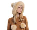 Women Hat Fur Thicken Plush Lining Fluffy Comfortable Keep Warm with Earflap Three Balls Autumn Winter Ladies Knitted Cap for Outdoor Beige