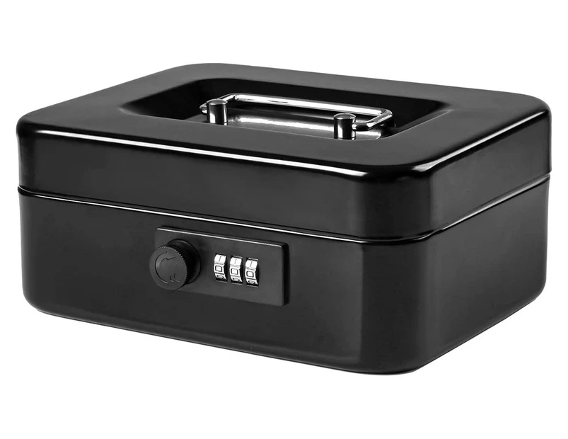 Small Cash Box with Combination Lock – Durable Metal Cash Box with Money Tray Black,7.87 x 6.3 x 3.35 inches