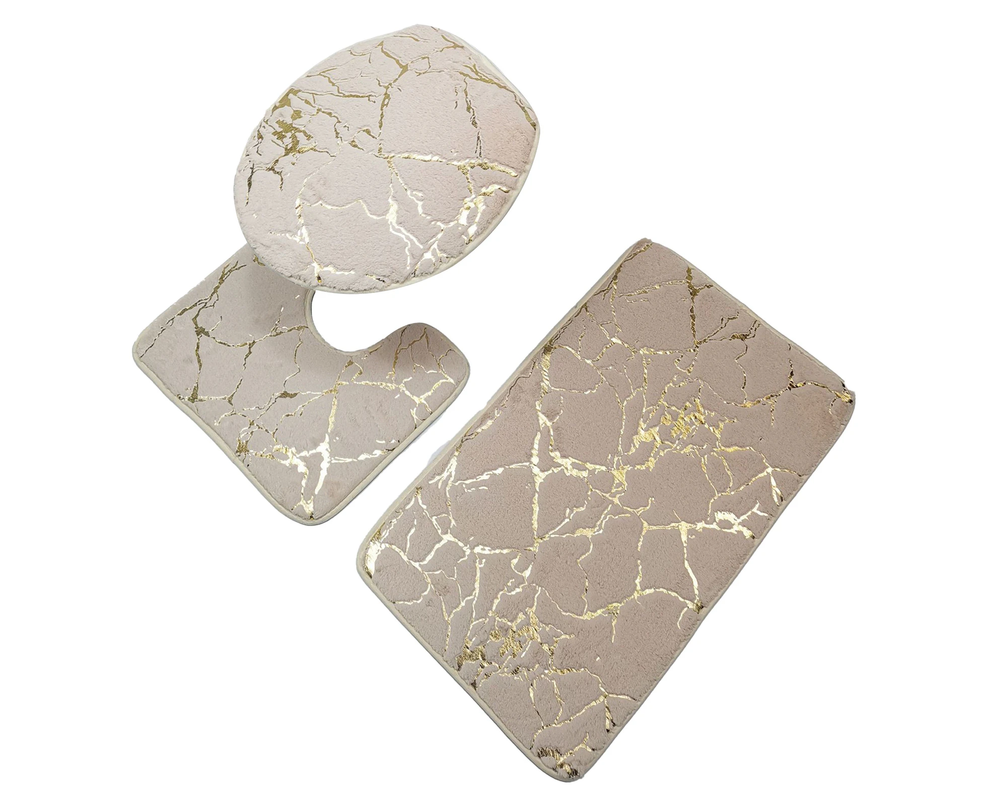 3Pcs/Set Non-slip Toilet Carpet Quick Dry Polyester Marble Toilet Lid Cover Bathroom Rug for Home-Beige